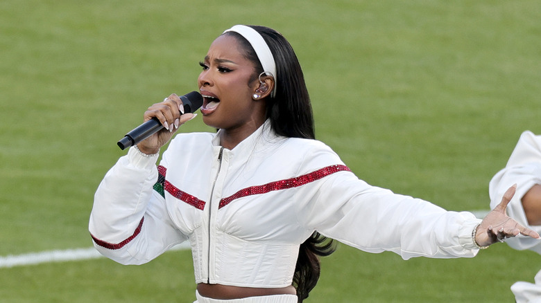 Coco Jones performs at the Super Bowl