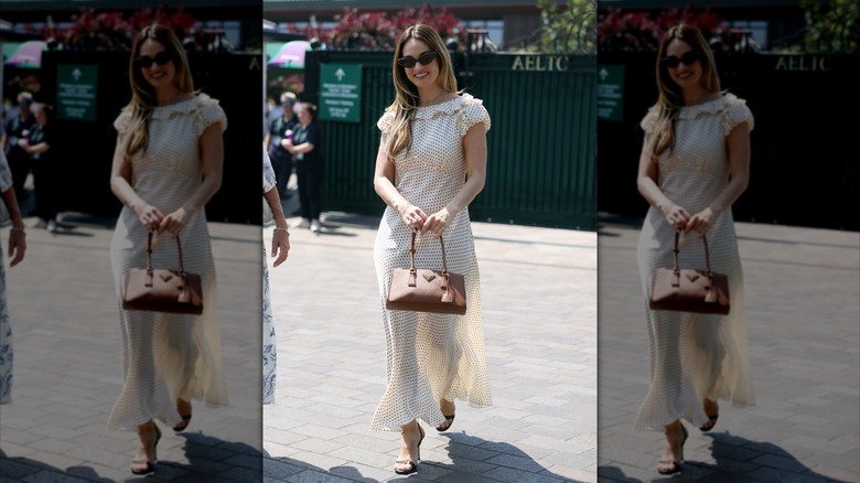 Lily James at Wimbledon 2026 in a polka dot dress.