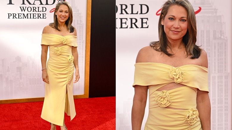 Ginger Zee at the DWP2 premiere. She is a woman with fair skin and short light brown hair. She is wearing a yellow off-the-shoulder dress with floral appliques and ruching on the side.