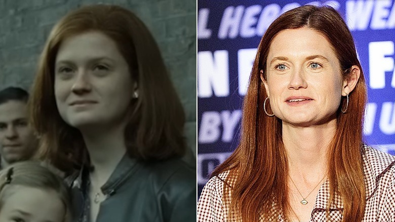 Ginny Weasley in Harry Potter and Bonnie Wright sits on a fan panel before an audience
