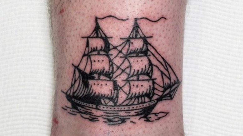 Pirate ship woodcut tattoo