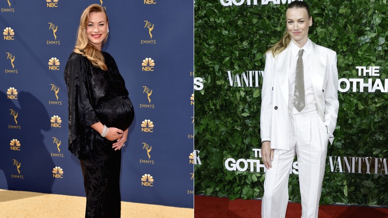 Yvonne Strahovski wearing a black satin dress, and wearing a white shirt, a blazer, and a tie
