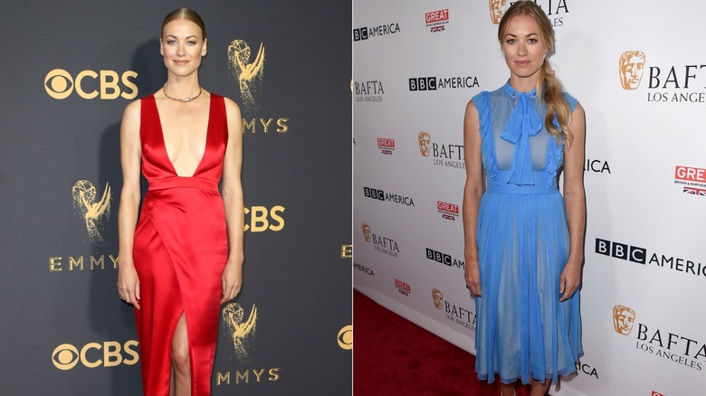 Yvonne Strahovski in a red satin dress and in a blue sheer dress in 2017