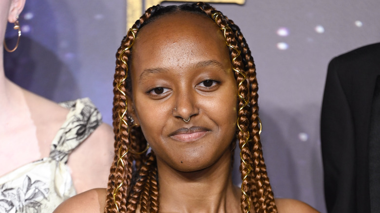 Zahara Jolie smiling from the red carpet of the "Eternals" premiere