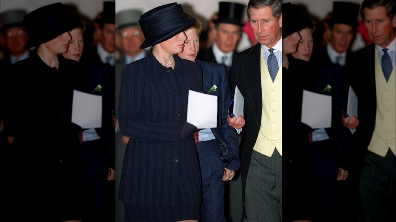 Zara Phillips, Prince Harry and Prince Charles at the wedding of Santa Montefiore and Simon Sebag-Montefiore in London in October 1998