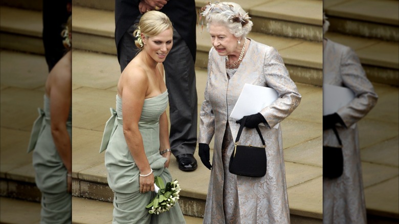 Queen Elizabeth II and Zara Tindall, a bridesmaid at the wedding of Peter Phillips to Autumn Kelly, at St George's Chapel in Windsor Castle on May 17, 2008