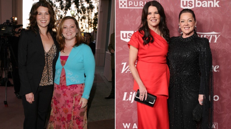 (L) Lauren Graham and Melissa McCarthy smiling for the camera in 2003 and (R) in 2026