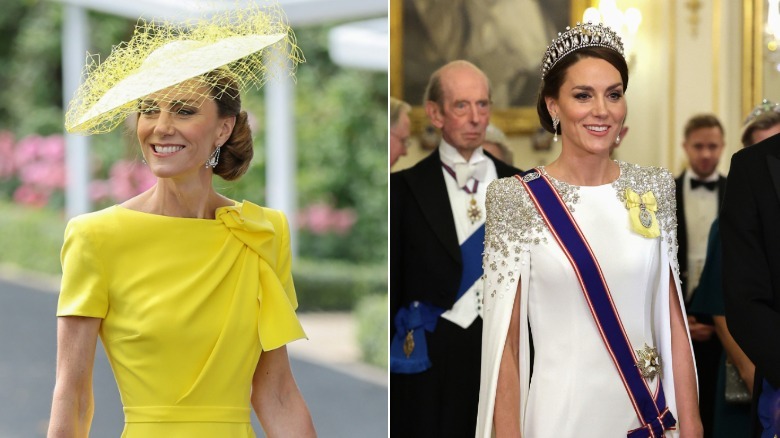 Left: Kate Middleton attends day two of the Royal Ascot 2026 in a hat. Right: Kate Middleton in a tiara during a state banquet in 2022.
