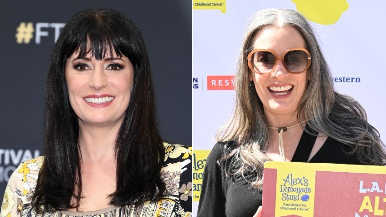 A side-by-side comparison of Paget Brewster with black hair and gray hair.