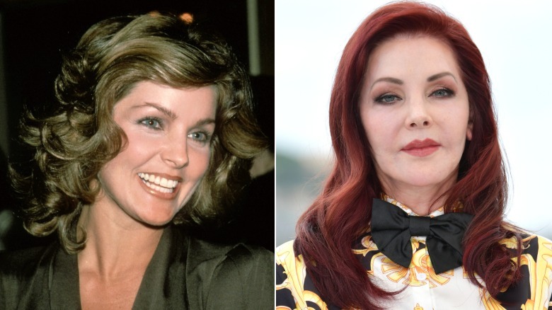 Before and after images show Priscilla Presley with brunette hair in 1983 (left) and dark red hair (right) in 2022.
