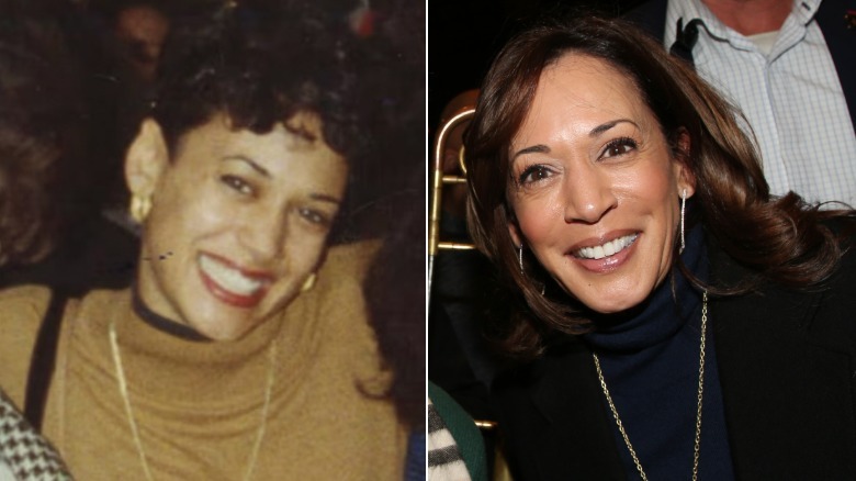 Side-by-side of Kamala Harris in 1986 and 2025. Left: A young Harris smiles. Her hair is in a curly pixie cut