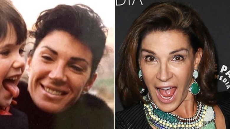 Side-by-side comparison of retro and modern photos of Hilary Farr.