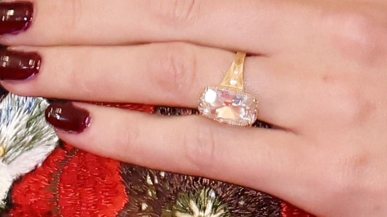 A close-up image of Taylor Swift's engagement ring from Travis Kelce