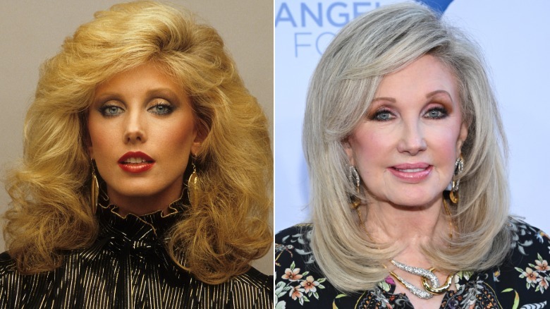 Side-by-side comparison of Morgan Fairchild in the 1980s and in the 2020s