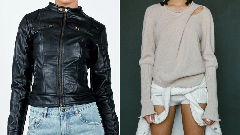 A faux leather jacket and a cashmere sweater