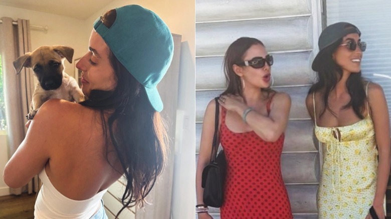 L: Close up of Indes de Ramon in a backwards hat holding a puppy / R: Indes de Ramon posing for a photo with friend in a backwards hat and yellow maxi dress