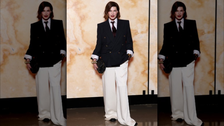 Linda Evangelista attends a Saint Laurent show at Paris Fashion Week 2025.