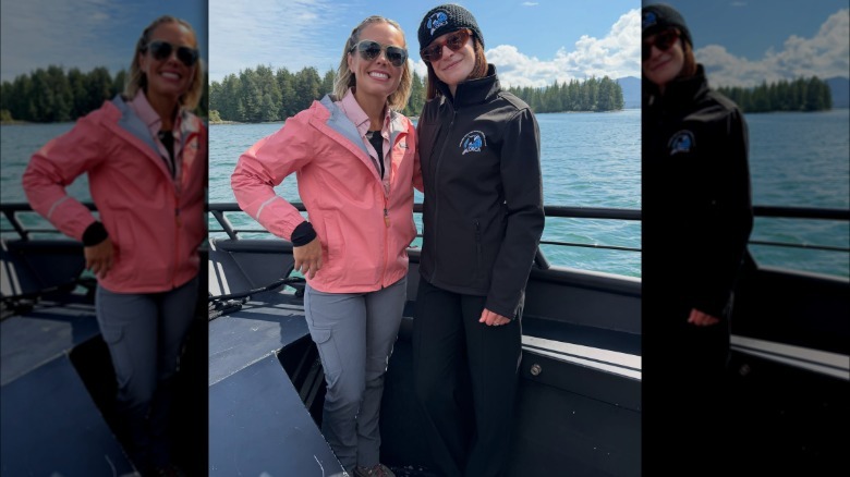 Dylen Dreyer wearing a pink jacket on a boat