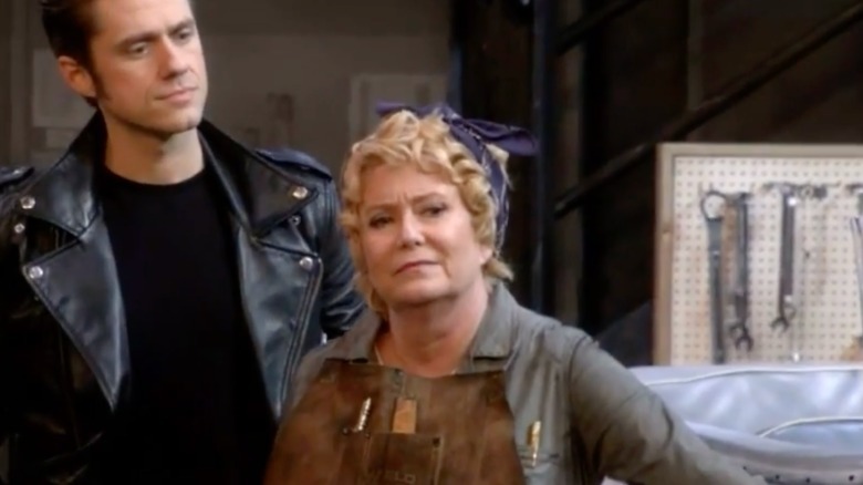 Eve Plumb is seen on stage playing shop teacher Mrs. Murdock in Fox's 'Grease Live' in 2016