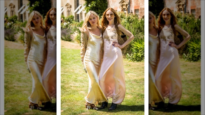 Model Jerry Hall wearing a white dress on her birthday