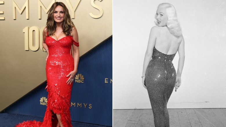 Left: Mariska Hargitay at the 2026 Emmys. Right: Jayne Mansfield poses for a portrait in the 1960s.