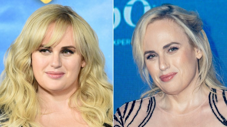 Side-by-side photos showing Rebel Wilson's face before and after weight loss