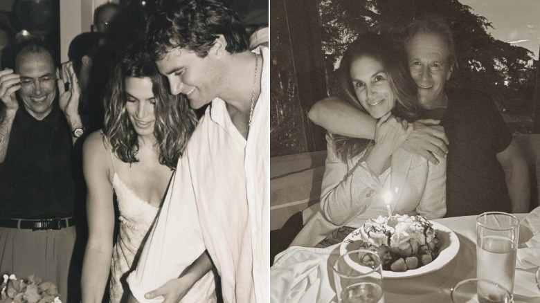 Split black-and-white image of Cindy Crawford and husband Rande Gerber cutting the cake at their wedding on the left