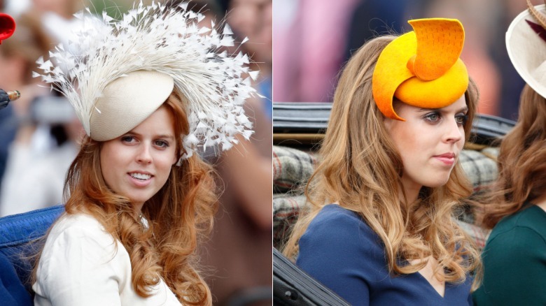 Princess Beatrice wearing ugly hats at Trooping the Colour in 2007 and 2015