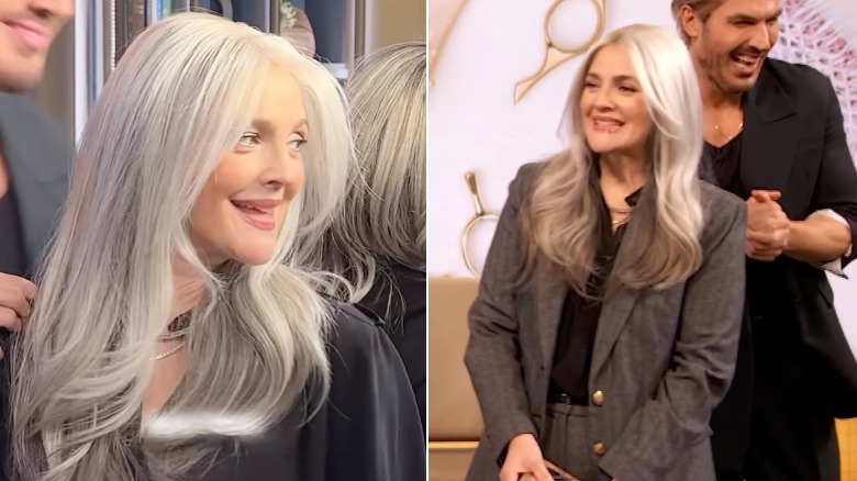 Drew Barrymore in a grey wig.