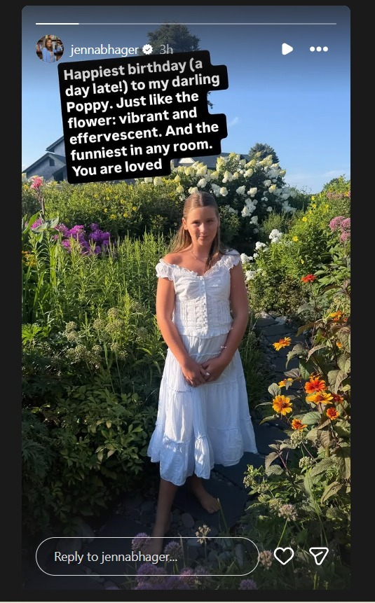 Poppy wearing a white dress in a garden with a happy birthday message from her mother Jenna Bush Hager