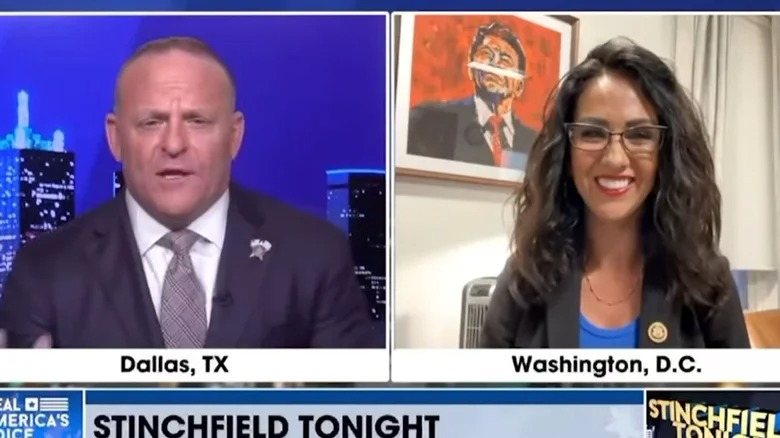 Lauren Boebert smiling while speaking on Fox News