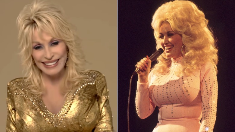 Dolly Parton wearing gold in 2026 and pale pink in 1976