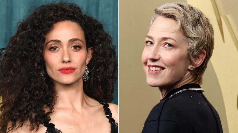 Emmy Rossum and Carrie Coon wearing diamond earrings at the 2026 Emmys