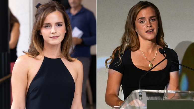 Emma Watson with shoulder-length hair in 2024 & Emma Watson with long hair in 2026.