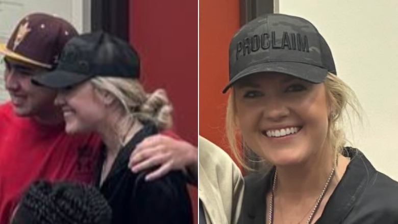 Two close-up images of Erika Kirk. She is wearing a black baseball cap that says